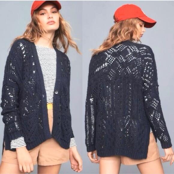 Anthropologie Sweaters - Anthropologie Pilcro Open Stitch Cardigan Knit Sweater Button Front Navy Blue XS